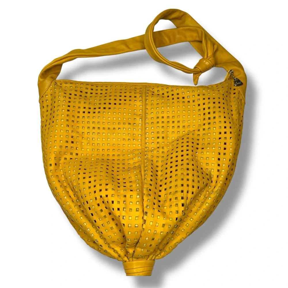 Vintage Retro 1980s Brio! Leather Bag Slouchy Hobo Woven Balloon‎ Purse Yellow